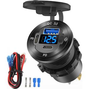 12V USB Outlet 3 Port Car Charger Socket, 78W Dual PD USB C 30W and Quick Charge3.0 Port Aluminum Charger Waterproof with Voltmeter and Button Switch for Boat Marine Motorcycle RV Truck Golf Cart, etc