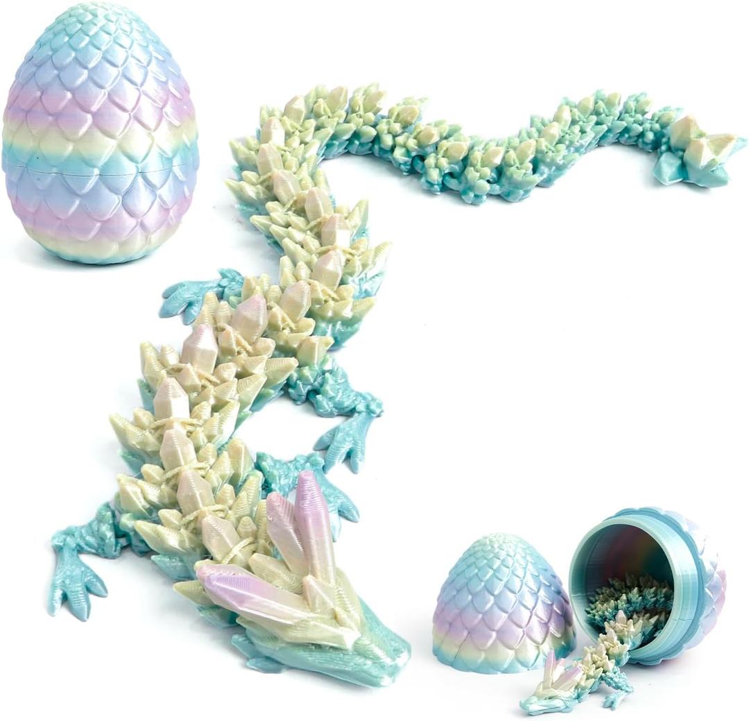 3D Printed Dragon Easter Basket Stuffers - Blue Rainbow - 12" Flexible Crystal Dragon with Egg, Unique Easter Decor, Cool Fidget Toy, Birthday Gift, Desk Pet Figure, Medium