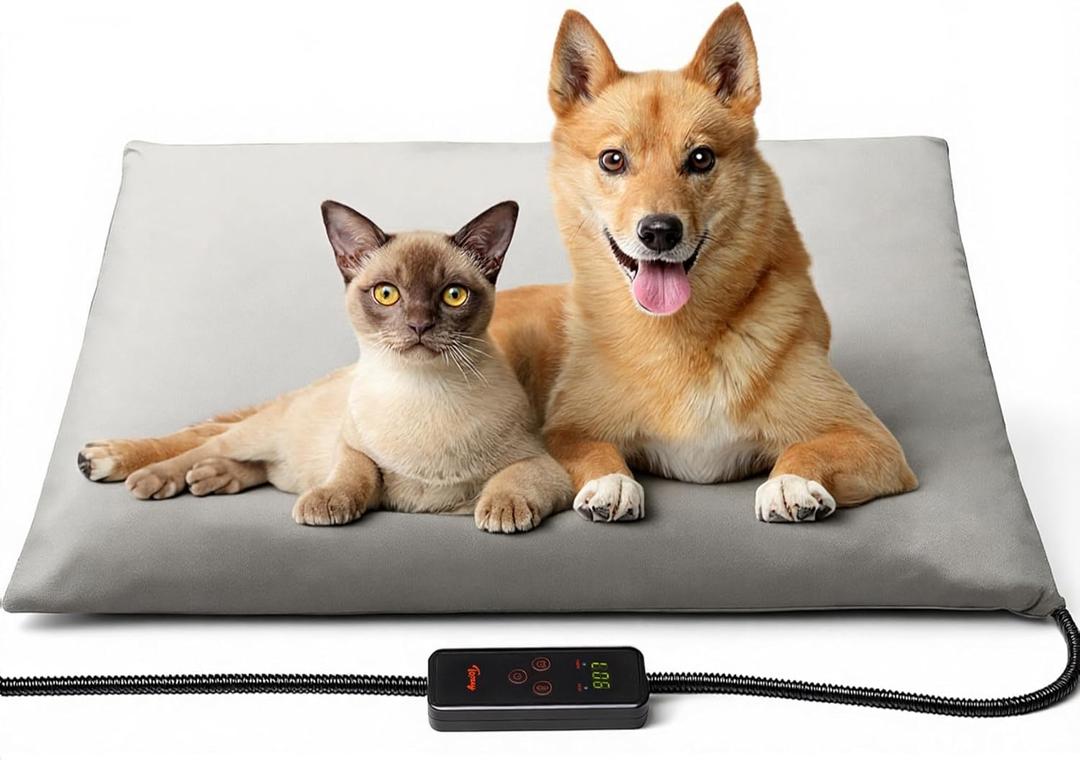 Toozey Large Heated Pet Mat 35x24 in - Waterproof, Chew Resistant, 6 Temp Settings with Timer, Indoor Use for Dogs and Cats (Grey)