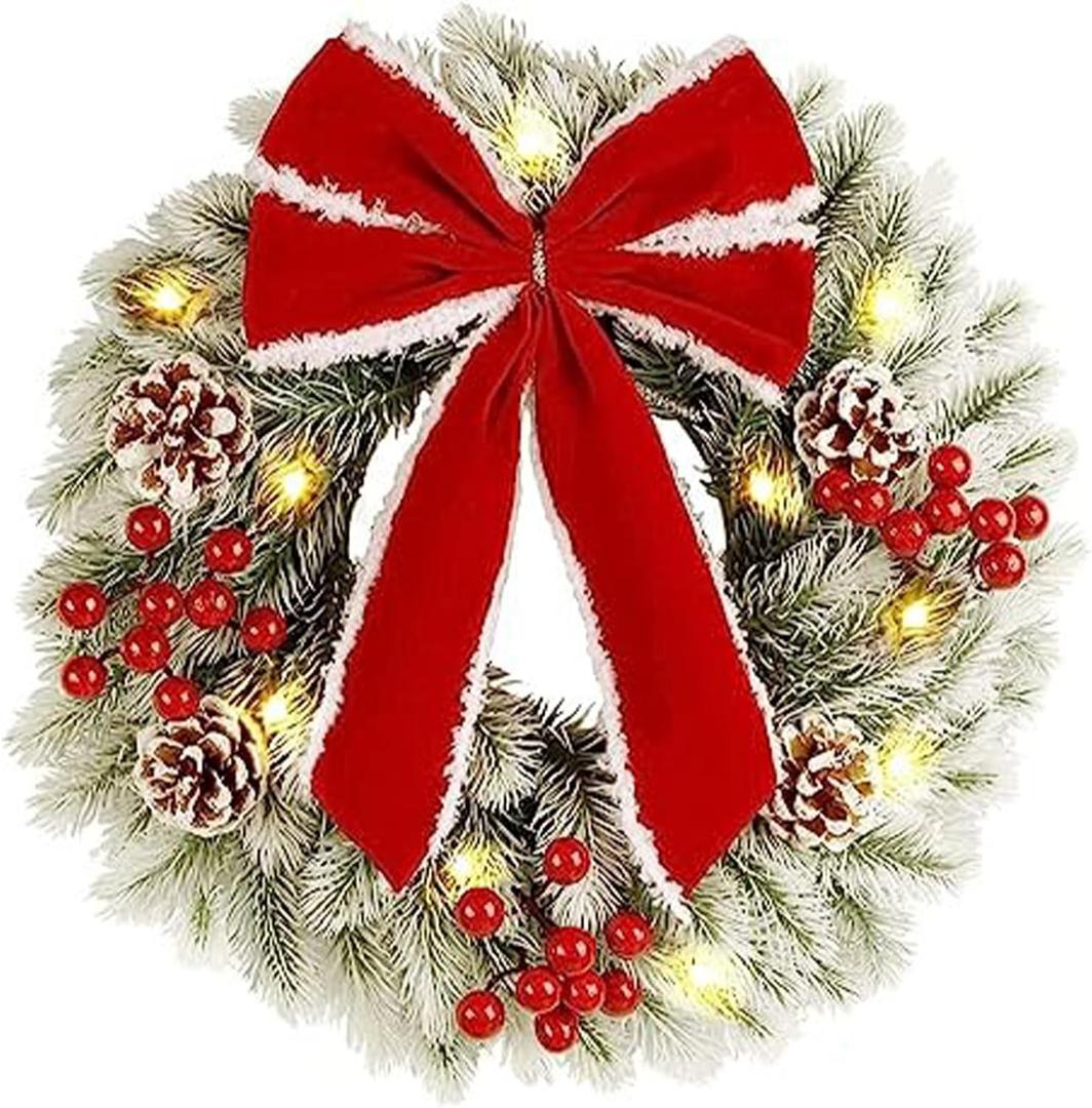 Pre Lit Christmas Wreaths for Front Door, Lighted Christmas Wreath Ornament with Lights Large Door Wreath with Red Bowknot Berries Pine Cone Decorative Wreaths for Holiday Home Decoration