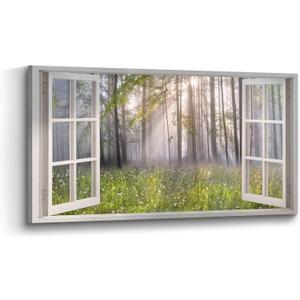 Landscape Window Wall Art Canvas: Relaxing Sunrise Forest Picture Misty Tree Painting Photograph Large Nature Wildflower Scene Giclee Print Artwork for Living Room Bedroom Home Decor