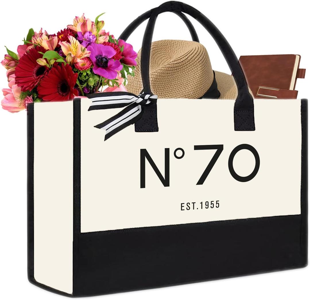 QLSKO 70th Birthday Gift Canvas Tote Bag for Women, N°70 EST.1955 Keepsake Beach Bag 70 Party Birthday Present for Her seventy