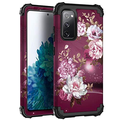 Hocase Galaxy S20 FE 5G Case, Heavy Duty Shockproof Protection Soft Silicone Rubber+Hard Plastic Bumper Hybrid Protective Case for Samsung Galaxy S20 FE (6.5" Display) 2020 - Burgundy Flowers