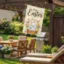2 x Happy Easter Garden Flag - Gift Ready Packed - Easter Decorations Outdoor, Spring Decor Premium Linen Yard Flags for Outside, Winking Bunny & Eggs 12x18 Inch Double Sided (Beige)