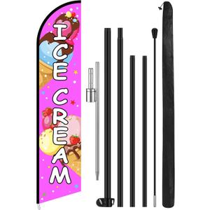 Remagr 15ft Large Ice Cream Windless Feather Flag Ice Cream Sign Banner with Pole Kit and Ground Stake Swooper Flag with Aluminum Alloy Flagpole Kit Advertising for for Business Outside