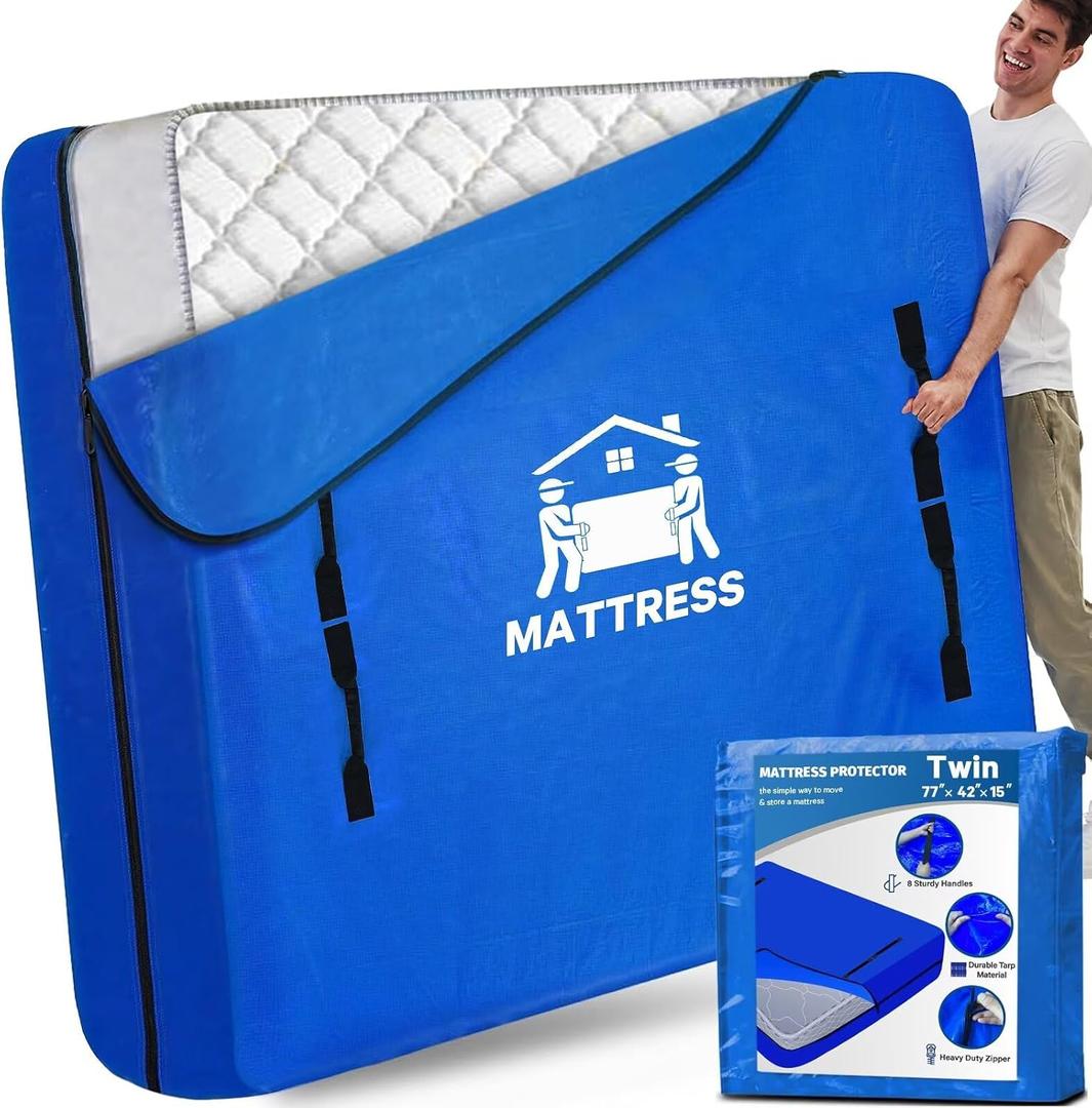 Mattress Bags for Moving, BETU Mattress Protector Waterproof Mattress Cover Twin Size Storage Bags with 8 Heavy-Duty Handles and Zipper for College Bed Extra Thick Large Reusable (77"x42"x15" Blue)