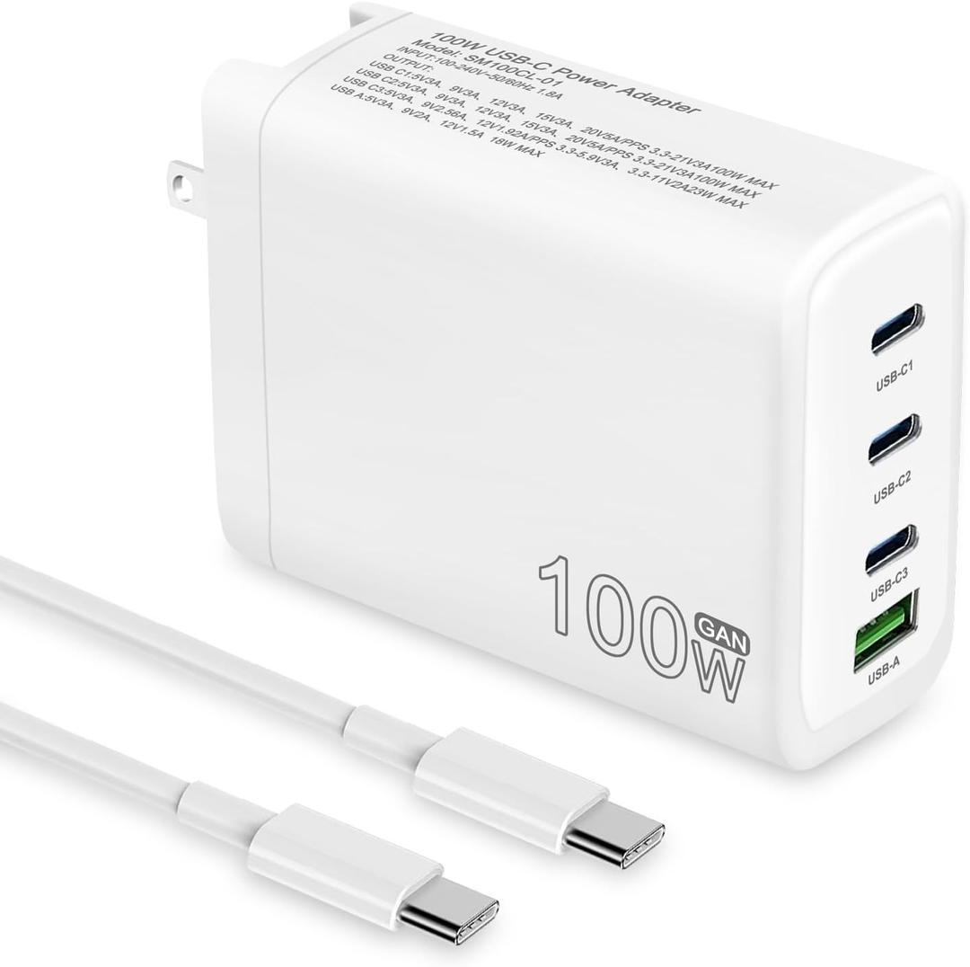 100W USB C Charger, 4-Port PD USB Power Adapter, GaN USB C Charger,Fast Charging Station,Compatible with Mac Book Pro/Air, iPad, iPhone 14 Pro, Galaxy S23 Ultra, Steam Deck, Dell XPS, Google Pixelbook