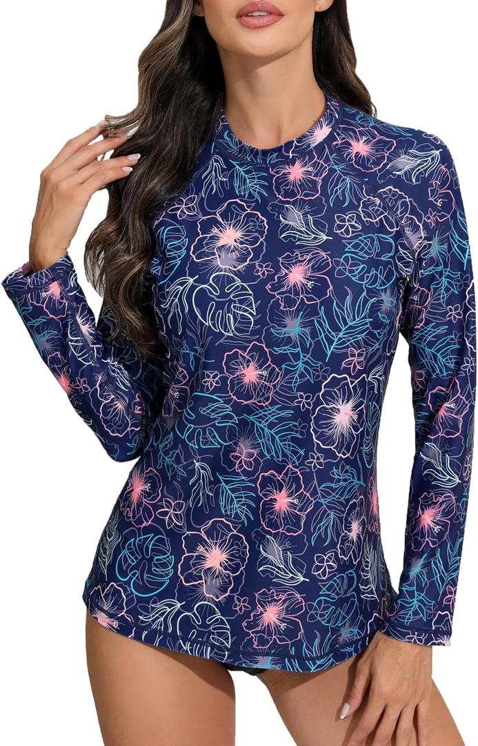 Halcurt Womens Long Sleeve Rash Guard Swim Shirts with Built in Bra UPF50+ Sun Protection Swimsuit Top (S)