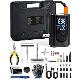 FRIWOLE Tire Repair Kit with Portable Air Compressor, Tire Plug Kit 58PCS with Cordless Tire Inflator (150 PSI) for Car, Motorcycle, Tractor, Truck, Ball