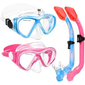 2 Sets Snorkeling Gear for Kids, Kids Snorkel Set for Ages 6-14, Dry Top Snorkel Mask Set for Youth Boys Girls Junior, Tempered Glass Diving Swimming Mask Goggles (Z-2Set(Blue blue+Pink)