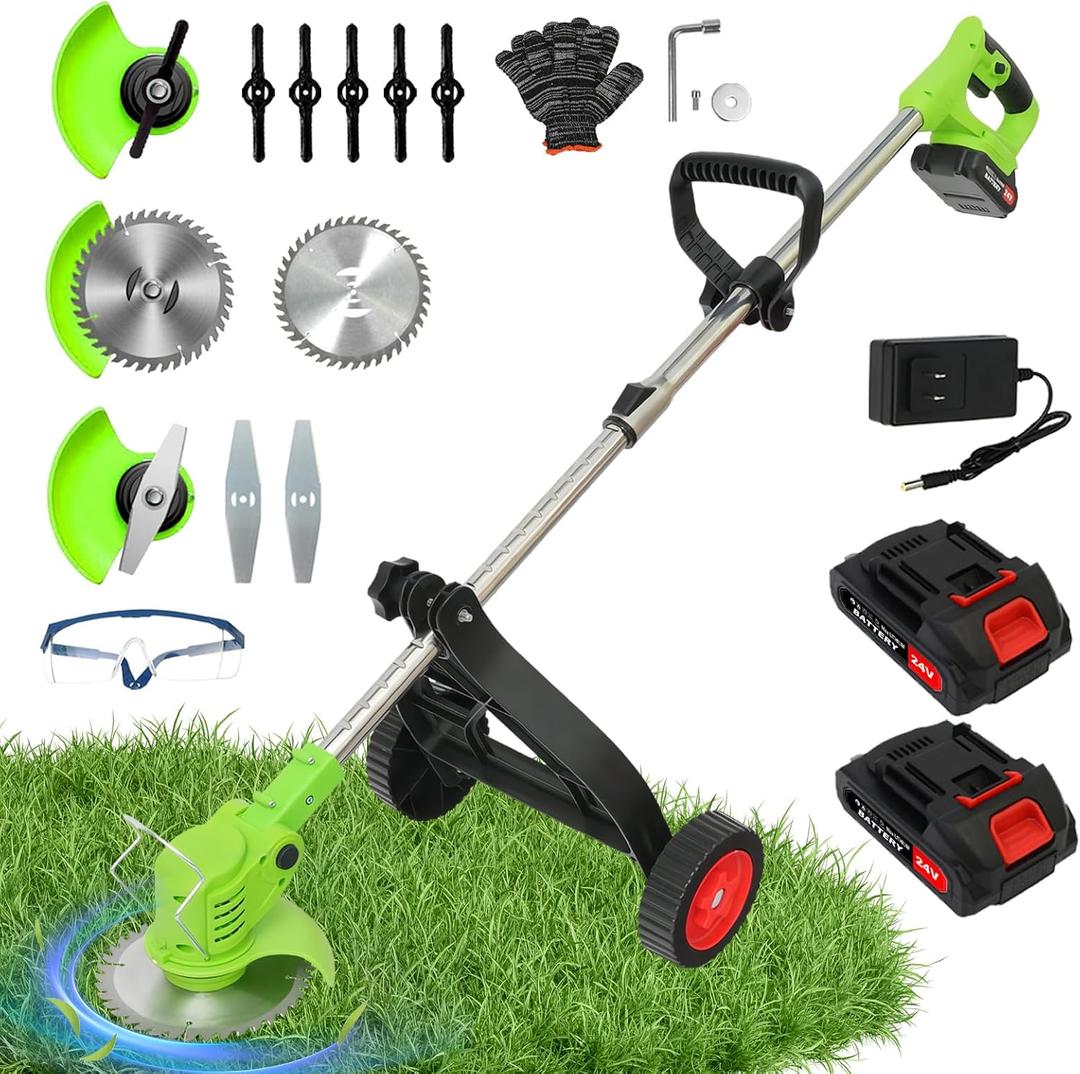 ALSO GO Cordless Weed Wacker, Electric Grass Trimmer with 2pcs 21V Batteries, 3 in 1 Stringless Trimmer, Battery Powered Lawn Edger with Wheels, Lightweight Brush Cutter for Garden Yard Lawn (Green)