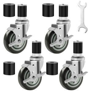 Besitu 4 inches Prep Table Wheels Set of 4, 1-1/2" and 1-5/8" Expanding Stem Caster with Side Brake for Stainless Steel Table, Cart, Furniture Legs, Commercial Kitchen Appliances, Workbench