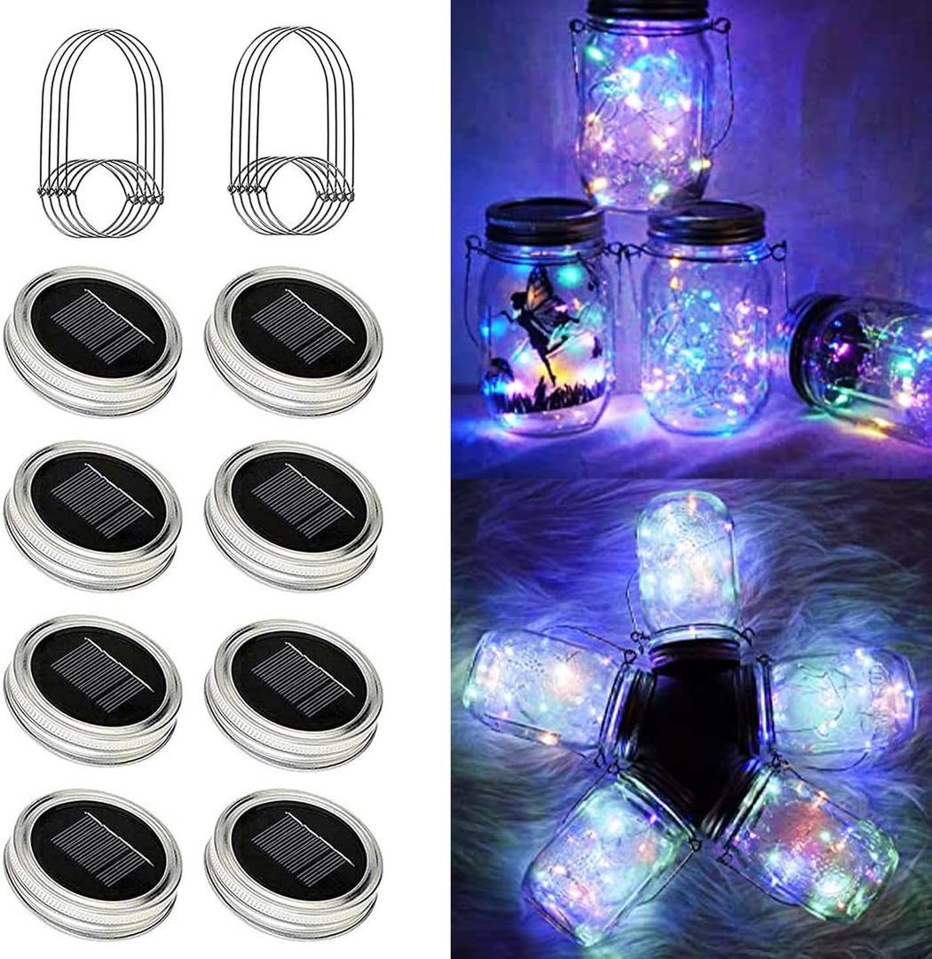 8 Pack Solar Outdoor Fairy Star Firefly Jar Lids Lights,Solar Fairy String Lids LightsNo Jars,Waterproof Lantern Mason String Solar Lights with Hangers for Regular Mouth Jars (Multicolor)