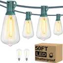 Brightever 50FT Outdoor String Lights Waterproof, 2700K Bright LED Patio Lights with 27 ST38 Shatterproof Vintage Bulbs, Retro Edison String Lights for Outside, Garden, Christmas Decor, Green Wire (50FT-Warm White)