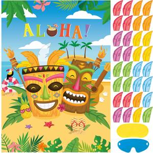 11 x Hooqict Hawaiian Luau Party Games for Kids Birthday Pin The Feather on The Tiki for Summer Tropical Hawaiian Luau Party Decorations, Large Pin The Tail Games Poster with 32 Stickers