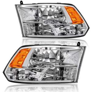 Headlights Assembly Compatible with 09-18 Dodge Ram 1500/10-18 Dodge Ram 2500 3500 4500 5500 (Only Fit Factory Quad Style Halogen) Headlamp Amber Reflector Chrome Housing