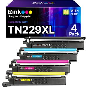 E-Z Ink Compatible TN229XL Toner Cartridges Replacement for Brother TN229XL TN-229XL TN229 XL to use with MFC-L3720CDW MFC-L3780CDW HL-L3220CDW HL-L3280CDW HL-L3300CDW Printer (TN229XLBK/C/M/Y-4 Pack)