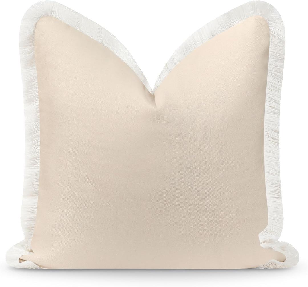 Hofdeco Premium Coastal Hampton Patio Indoor Outdoor Throw Pillow Cover Only, 22"x22" Water Repellent for Backyard, Couch, Poolside, Neutral Tan Print Solid