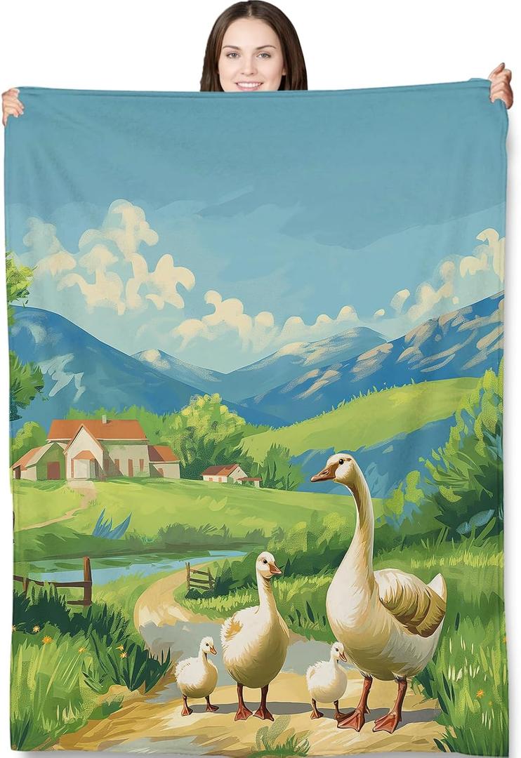 Pastoral Geese and Landscape Blanket Gifts for Women Countryside Serenity Flannel Throw Blankets for Bedding Couch Soft Lightweight Warm Cozy Throws Decor 50x60in