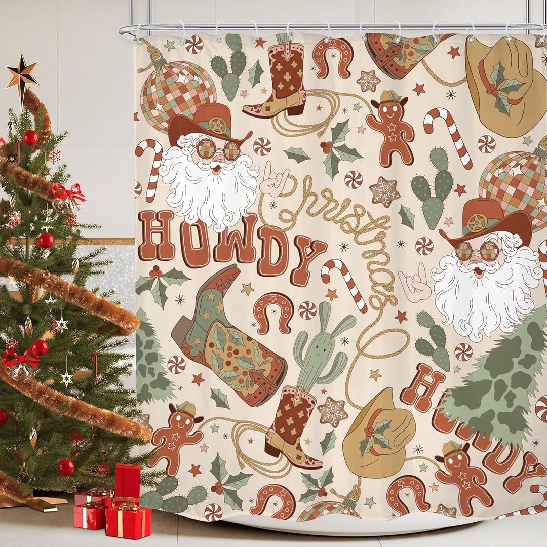 Christmas Shower Curtain 60Wx72H Merry Xmas Western Cowboy Santa Claus Retro 70s Howdy Pine Tree Cactus Hat Boots Bathroom Decor Modern Disco Ball Bath Curtain Fabric Polyester 12 Pack Hooks