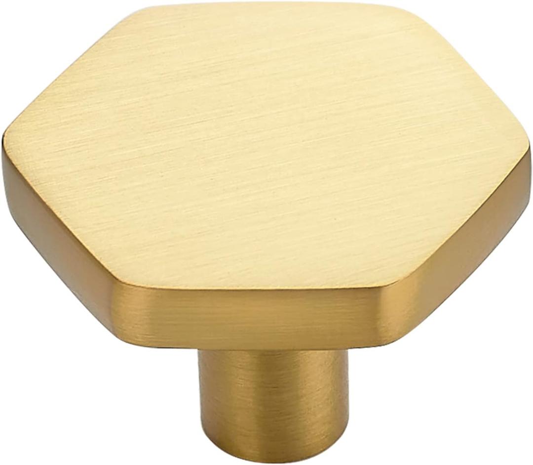 Home Expert Gold Cabinet Knobs 10 Pack Solid Kitchen Cabinet Knobs Hexagon 1.1'' Brushed Gold Knobs for Kitchen Cabinets and Drawers Dresser Knobs