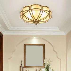 Brass Flush Mount Ceiling Light Mid Century Ceiling Light Fixture with Ceramic Light Socket Classy Frosted Glass Ceiling Lamp for Kitchen Hallway Foyer (13.7")