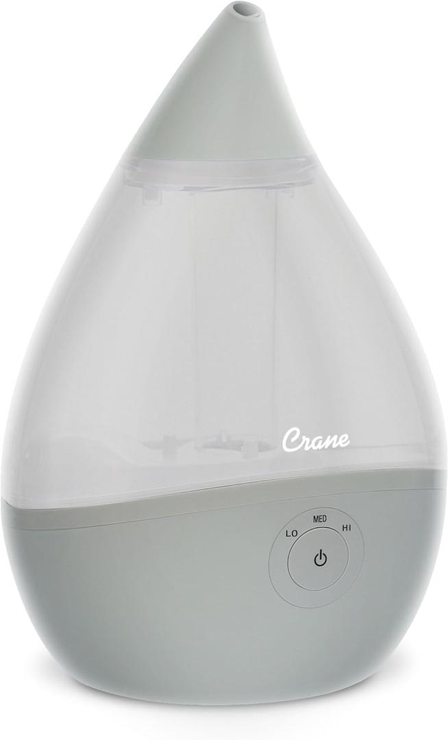 Crane Teardrop Ultrasonic Cool Mist Baby Humidifier for Nursery, Essential Oil Diffuser, Adjustable Settings, Auto Shut-Off, Grey, 0.5 Gallon (Grey)