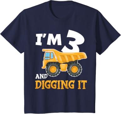 Kids Three 3yr 3rd Birthday Construction Boy 3 Years Old T-Shirt (4T, Blue)