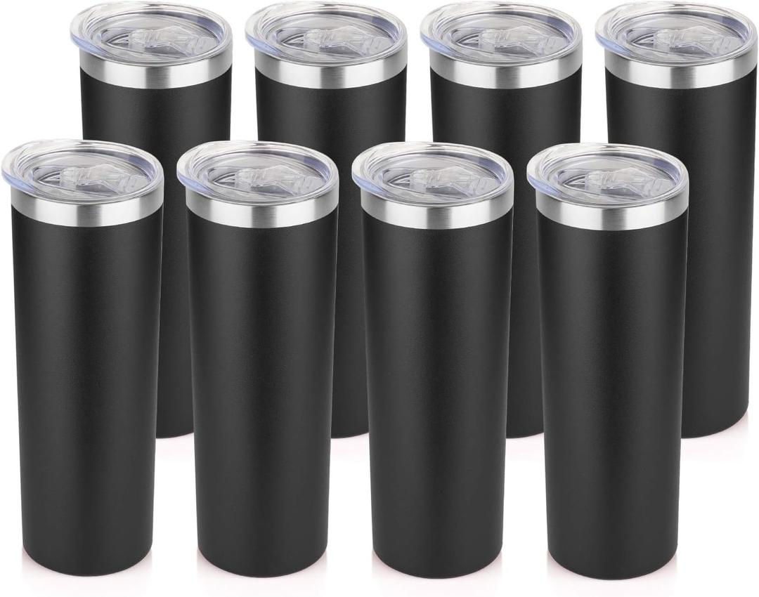 HASLE OUTFITTERS 20 oz Skinny Tumblers Bulk Set, Stainless Steel Insulated Slim Tumblers with Lids, Reusable Double Wall Travel Coffee Mugs, Durable Powder Coated Travel Water Cups(Black, 8) (