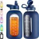 CIVAGO 64 oz Glass Water Bottle Jug with Straw and Handle, Half Gallon Sports Motivational Bottle with Time Marker and 2 Lids, Large Flask Canteen with Silicone Sleeve for Gym, Navy