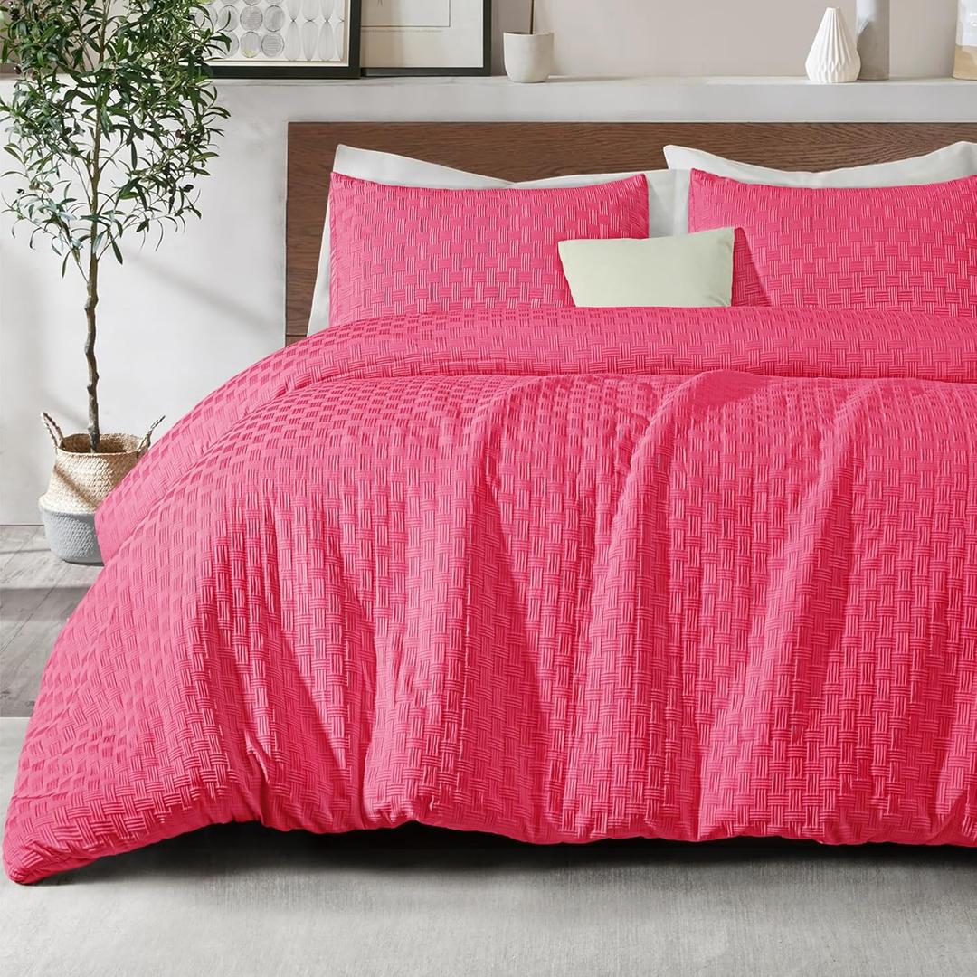 Whale Flotilla Jacquard Checkerd Extra Soft King Comforter Set - Luxury Reversible Microfiber Oversized Comforters Bedding Set with 2 Pillowcases - Lightweight Duvet for All Seasons, Hot Pink (King(90"X104"))