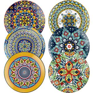 Ceramic Dessert, Salad Plates 8.5 Inch, Small Dinner Plate Set of 6- Serving Dishes for Thanksgiving & Christmas, Dishwasher & Microwave Safe - Bohemian Style