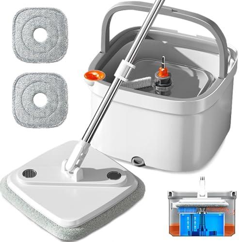INWEJIA Spin Mop and Bucket Set with Self - Separation System, 360 - Degree Spinning Self - Wringing, Square Cleaning Mop and Bucket with Wringer, with Replaceable Mops (Light Grey - 2 Pads)