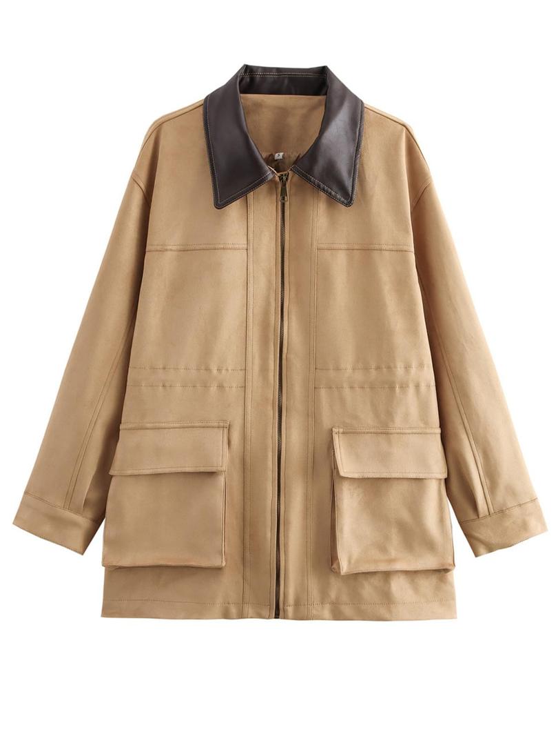 CUFEZN Women's Barn Jacket Faux Suede Leather Jackets Oversized Casual Adjustable Waist Coat with Pockets Khaki Large