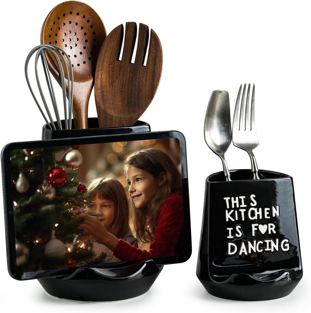 Utensil Holders for Countertop, 6.7"+4.5" Ceramic Cooking Utensil Crocks for Kitchen with Recipe Holders Utensil Organizers with Tablet Stand for Spatula, Halloween Decor, Set of 2, Black