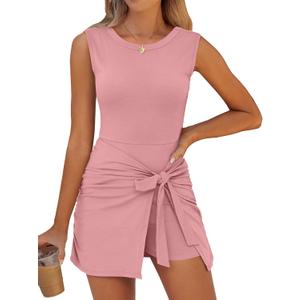 Caracilia Women Summer Sleeveless Bodycon Tie Cinched Waist Romper Skort Mini Dress Built in Shorts Night Out Vacation Dress (Pink, Medium)