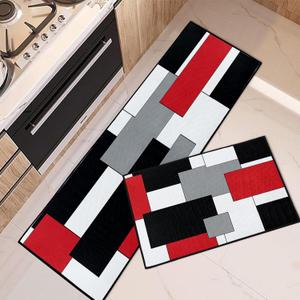 Red Geometric Kitchen Rugs and Mats Non Skid Washable Set of 2, Checked Black Grey Mats for Floor, Rustic Minimalist Runner Rug, Modern Abstract Kitchen Decor