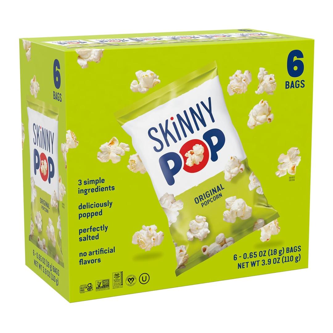 SkinnyPop Popcorn, Original, Whole Grain, Dairy-Free Snack, 0.65oz Bags (6ct) (EXP 07/11/26)