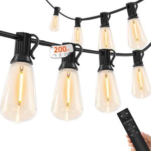 200FT Outdoor Lights for Patio  Dimmable String Lights for Outside with Remote  LED Hanging Lihgts Waterproof Shatterproof ST38 Edison Bulbs for Backyard Cafe Bistro Porch Christmas Party (Black Plug in (Not Solar))