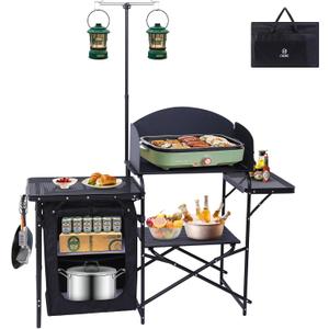Nice C Camping Kitchen Station, Camping Table, Picnic Table, Portable Grill Table, Folding Cook Table, Upgrade Light Stand and Windshield Station & Organizers, Carry Bag for Beach, Picnic (Black), 56.9"-72" x 15.8" x 27.8"