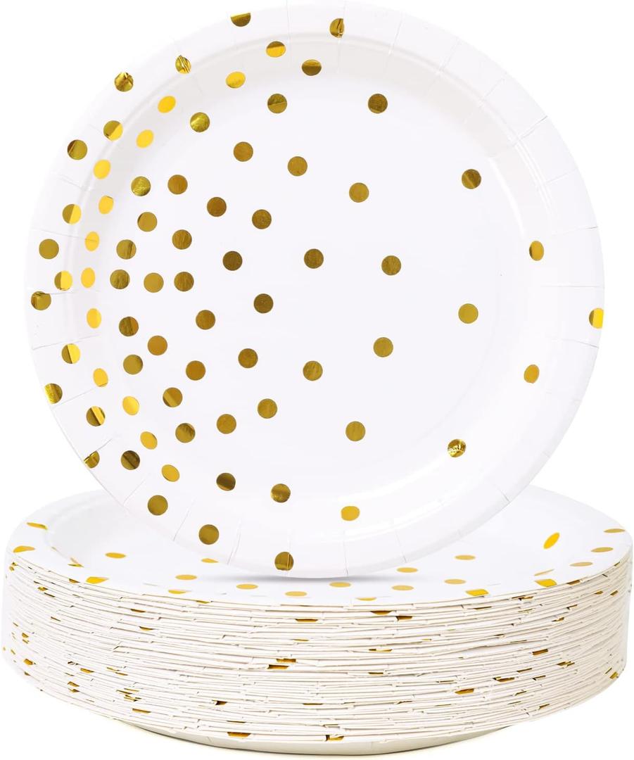 White and Gold Party Supplies, Gold Dot Paper Dessert Plates (50-Count), Classic-50PCS