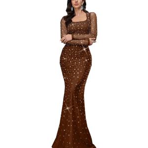 Women's Formal Evening Gown Elegant Rhinestone Long Prom Dress Wedding Guest Party Cocktail Bridesmaid Maxi Dress (Medium, #1 Coffee Brown)