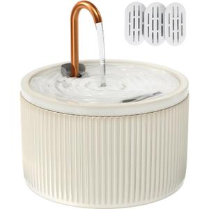 MISFANS Ceramic Cat Water Fountain - 2.1L/71oz - All-Ceramic Body & Pure Copper Water Spout - Non-Toxic - Automatic Pet Drinking Fountain Indoor with Ultra-Quiet Pump, and 3Pcs Filter & Sponge (Beige)