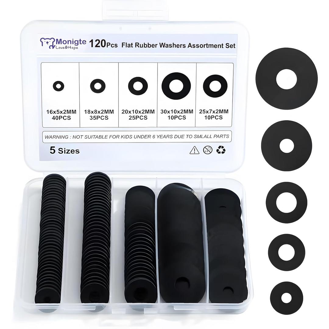 120Pcs Flat Rubber Washers Assortment Kit,16/18/20/25/30mm Black Washer, Vibration Absorbing Pads Sealing Rubber Washers for Faucets Garden Bolts Screws Hose Plumbing Shower Head- 5 Sizes