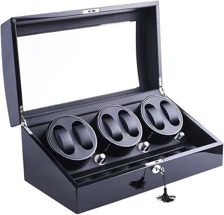 Watch Winder, XTELARY Luxury 3 Motor Quad Watch Winders for Automatic Watches Safe & Wooden Display Box Case 7+8 Storage (Black)