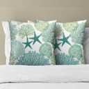 Summer Ocean Themed Nautical Coastal Throw Pillow Covers 18X18 Inches Set of 2 Aqua Teal Seashell Starfish Coral Pillowcase Soft Cotton Square Cushion Covers for Home Sofa Patio Bedroom Decoration