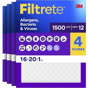 Filtrete 16x20x1 Air Filter, MERV 12, MPR 1500, Allergens, Bacteria & Viruses, 3-Month AC and Furnace Filters, Cleaner Air, Reliable Airflow, 4 HVAC Filters (Actual Size 15.62 x 19.62 x 0.78 in)