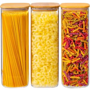 73oz 3PCS Sqaure Spaghetti Pasta Storage Containers with Lids, Pantry Containers Tall Glass Tight Food Storage Jars with Lids for Penne, Macaroni, Lasagna, Fusilli, Cereal, Flour, Sugar, Oats