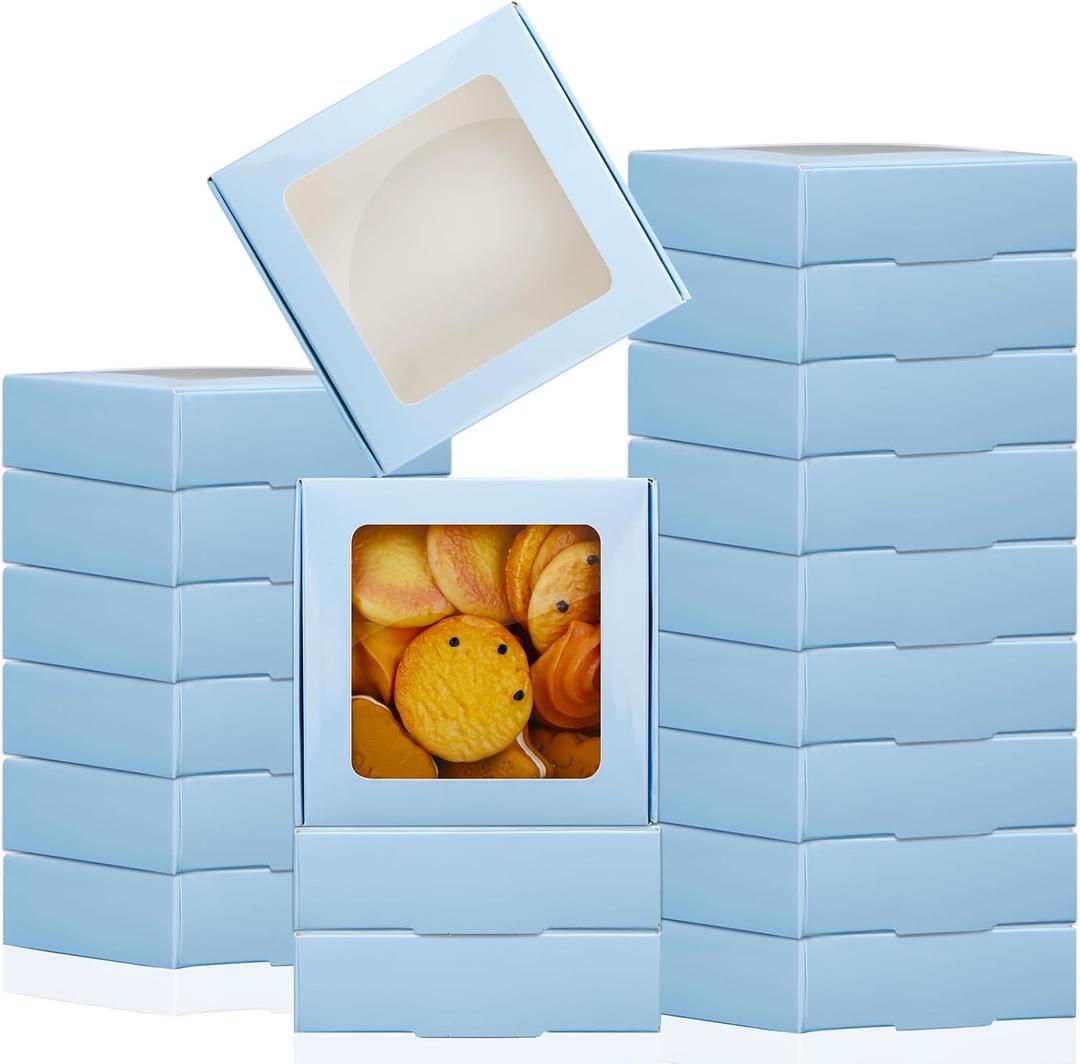 Zonon 30 Kraft Paper Boxes with Window 4.13 x 4.13 x 1.18 Inch Candy Packaging, Small Gift Boxes, Soap holder, Mini Treat Packaging for Bakery Chocolate Jewelry Display(Blue)