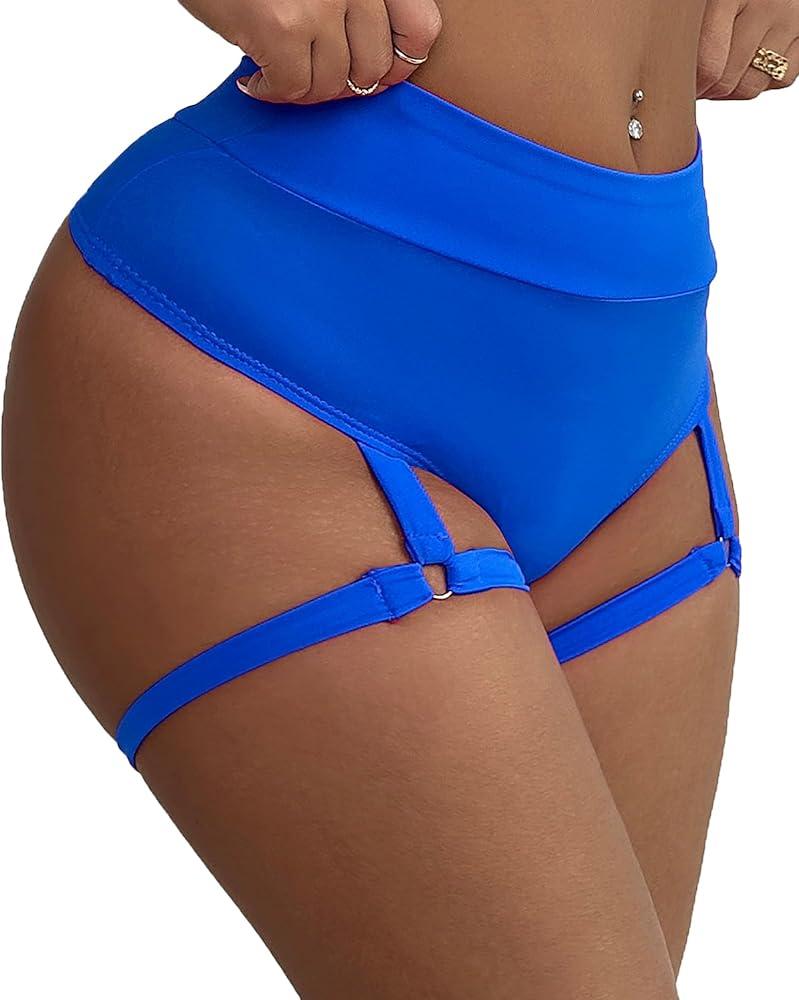 Women's Yoga Shorts with Garters High Waist Slim Sexy Bodycon Booty Dance Hot Pants Bandage Workout Butt Lifting (US, Alpha, X-Large, Regular, Regular, Blue)
